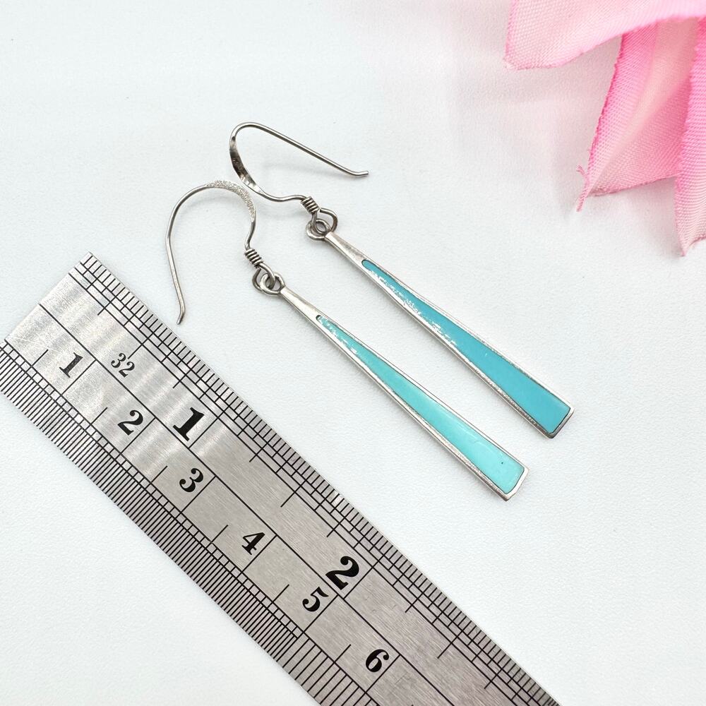 925 Sterling Silver Turquoise Inlay Long Dangle Earrings Southwest Tribal Native - Picture 7 of 10